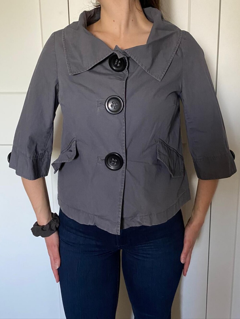 Twee / Doll Style Big Button Vintage Gray Button-Front Jacket